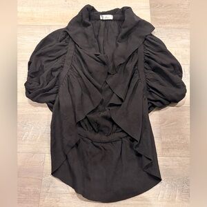 S. Line Black Draped Open Front Blouse Ruched Sleeves Size L 🖤